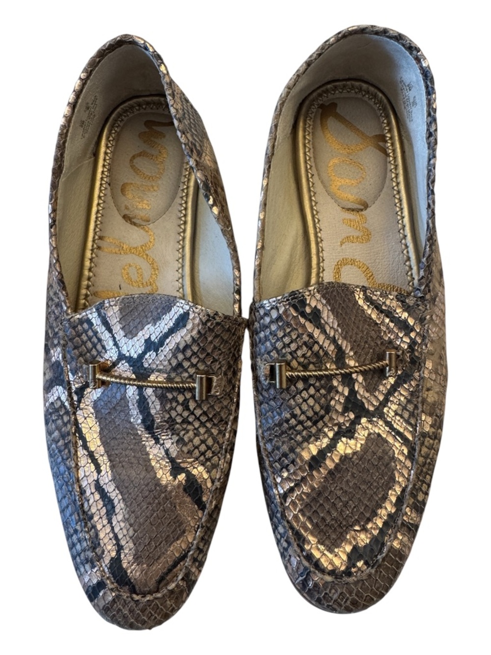 Sam Edelman Lior Loafers brown snake print leather upper polished gold tone